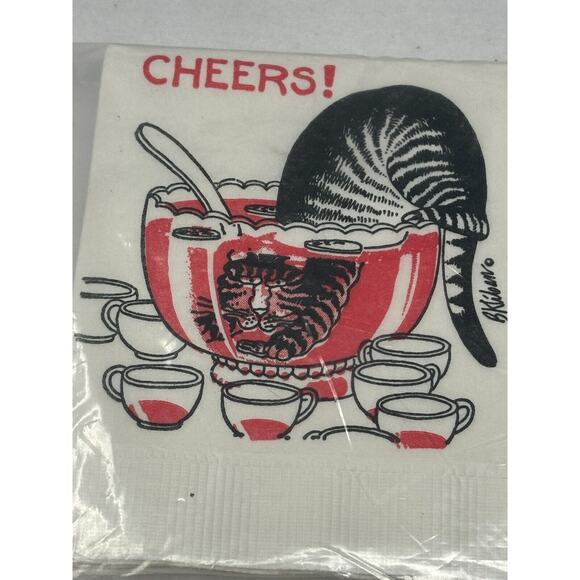 Vtg 80 B Kliban Beverage Cocktail Napkins Cat Paper 12 Napkins Punch Bowl Cheers - Picture 2 of 3